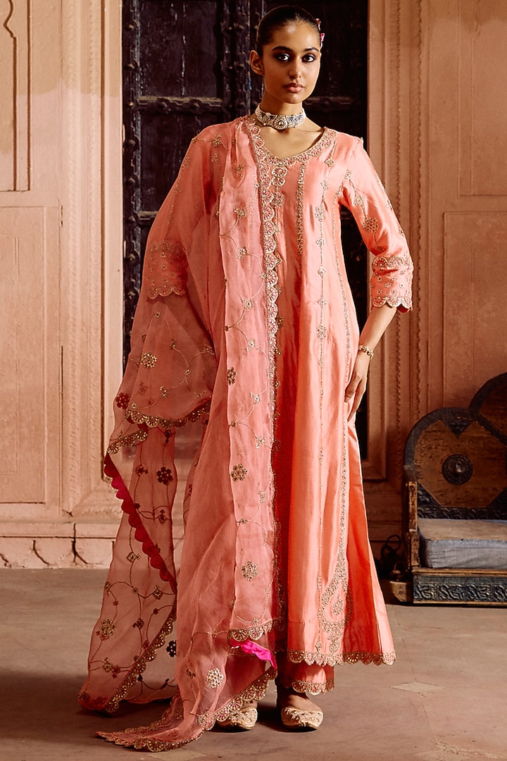 Coral Peach Spun Silk Gota-Patti Work Bridal Anarkali Set by SURBHI SHAH at Pernia's Pop Up Shop
