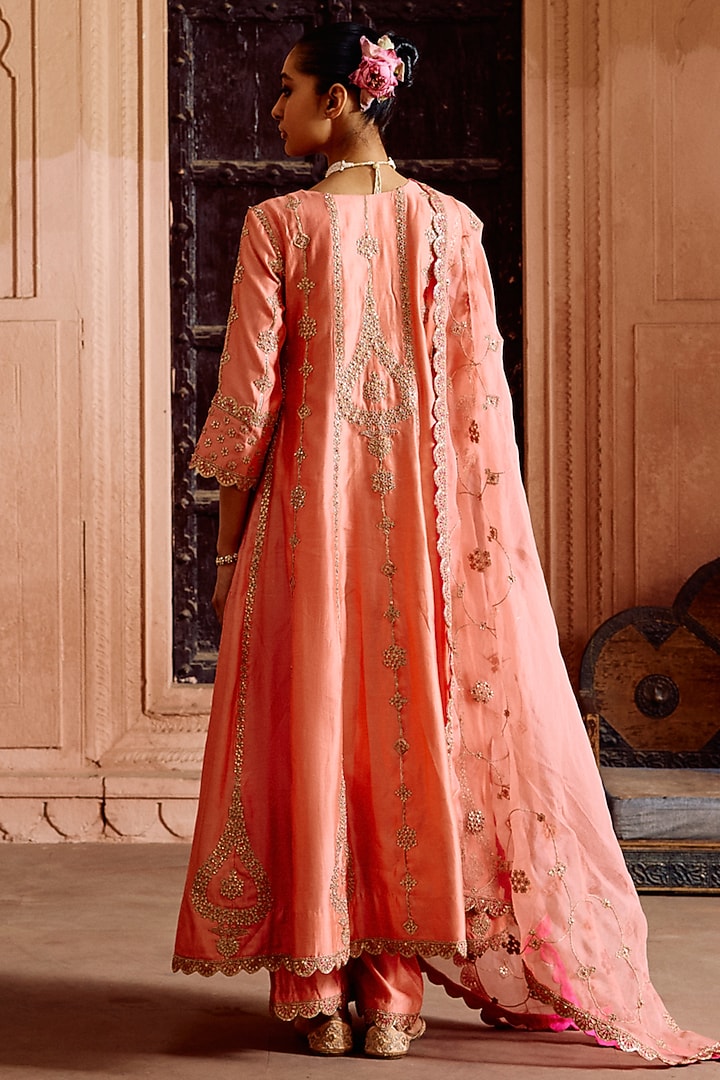 Coral Peach Spun Silk Gota-Patti Work Bridal Anarkali Set by SURBHI SHAH at Pernia's Pop Up Shop