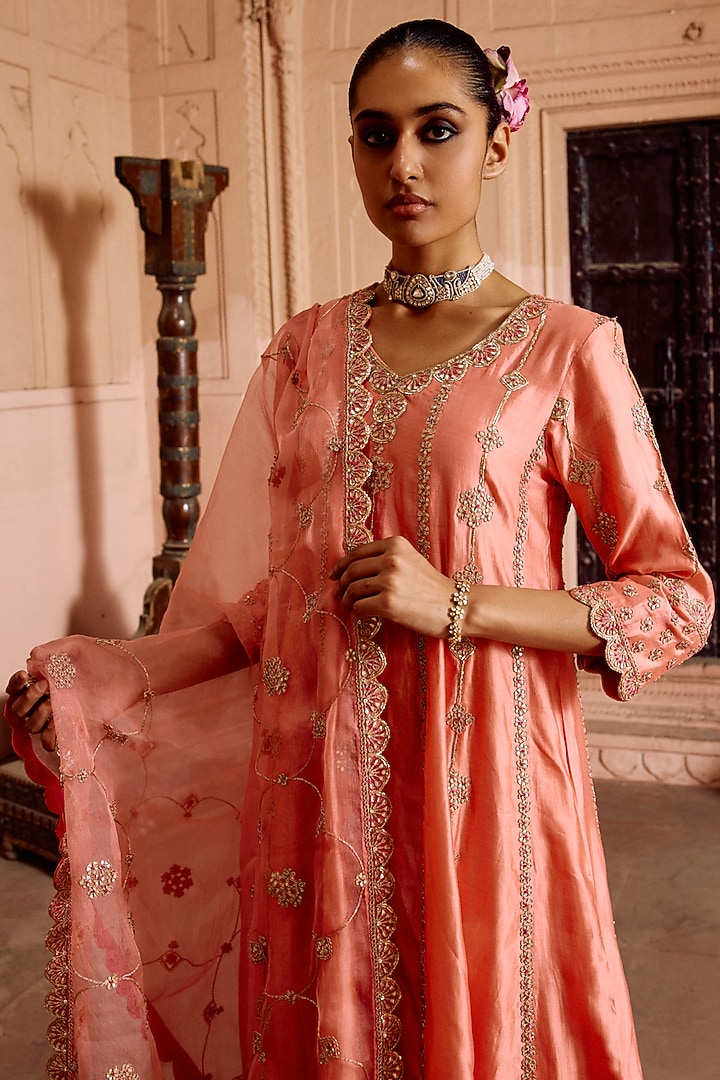 Coral Peach Spun Silk Gota-Patti Work Bridal Anarkali Set by SURBHI SHAH at Pernia's Pop Up Shop