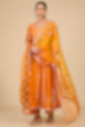 Orange Spun Silk Marori Embroidered Bridal Anarkali Set by SURBHI SHAH at Pernia's Pop Up Shop