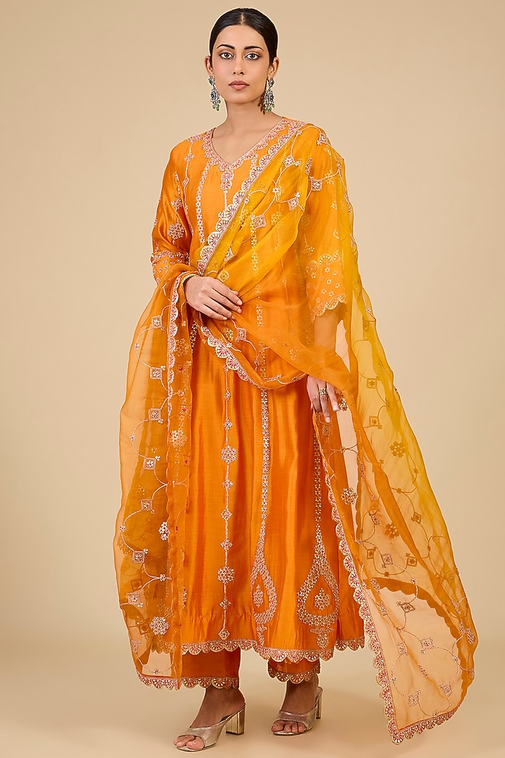 Orange Spun Silk Marori Embroidered Bridal Anarkali Set by SURBHI SHAH at Pernia's Pop Up Shop