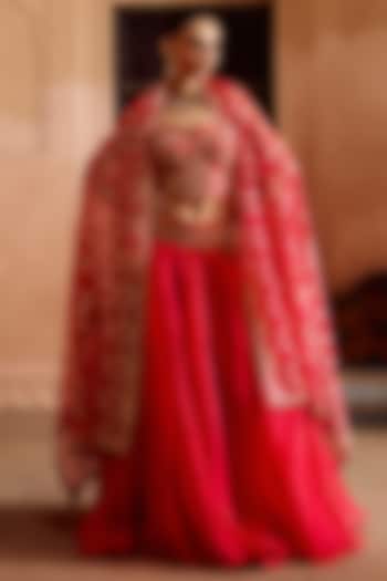Strawberry Red Organza Skirt Set by SURBHI SHAH at Pernia's Pop Up Shop