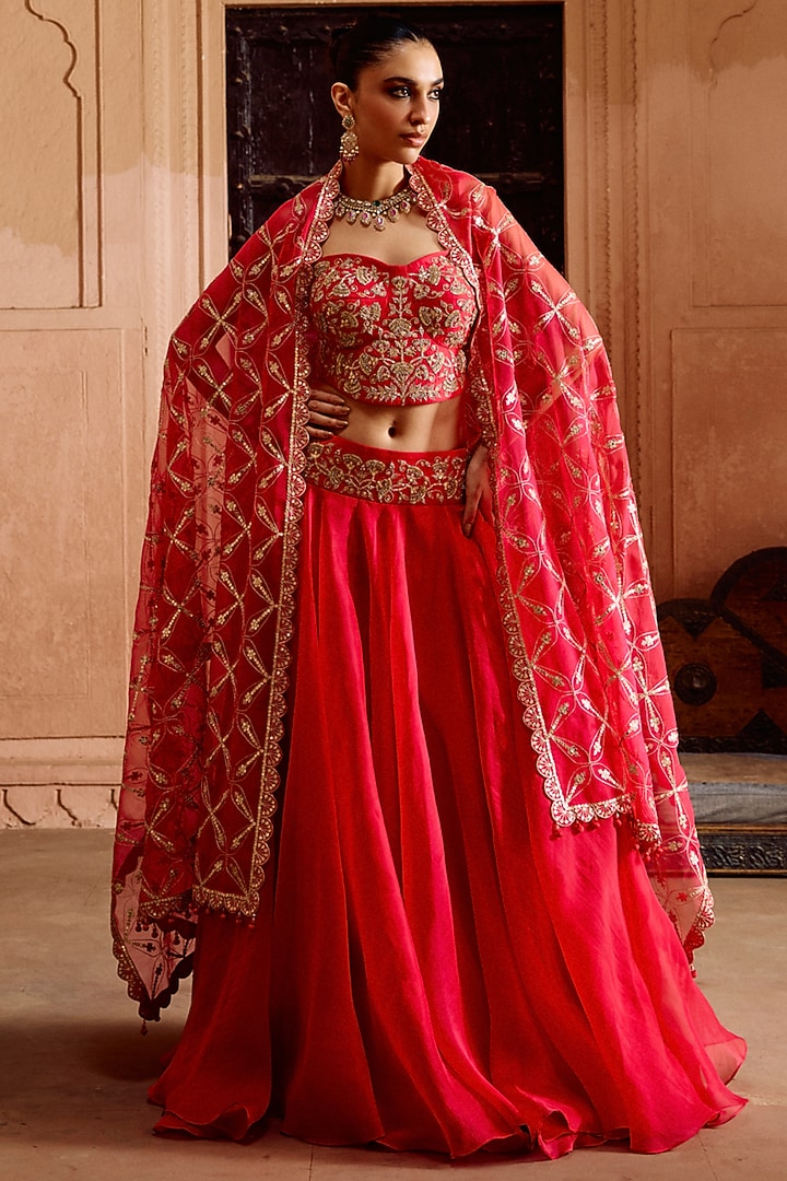 Strawberry Red Organza Skirt Set by SURBHI SHAH at Pernia's Pop Up Shop