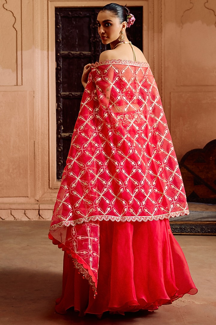 Strawberry Red Organza Skirt Set by SURBHI SHAH at Pernia's Pop Up Shop