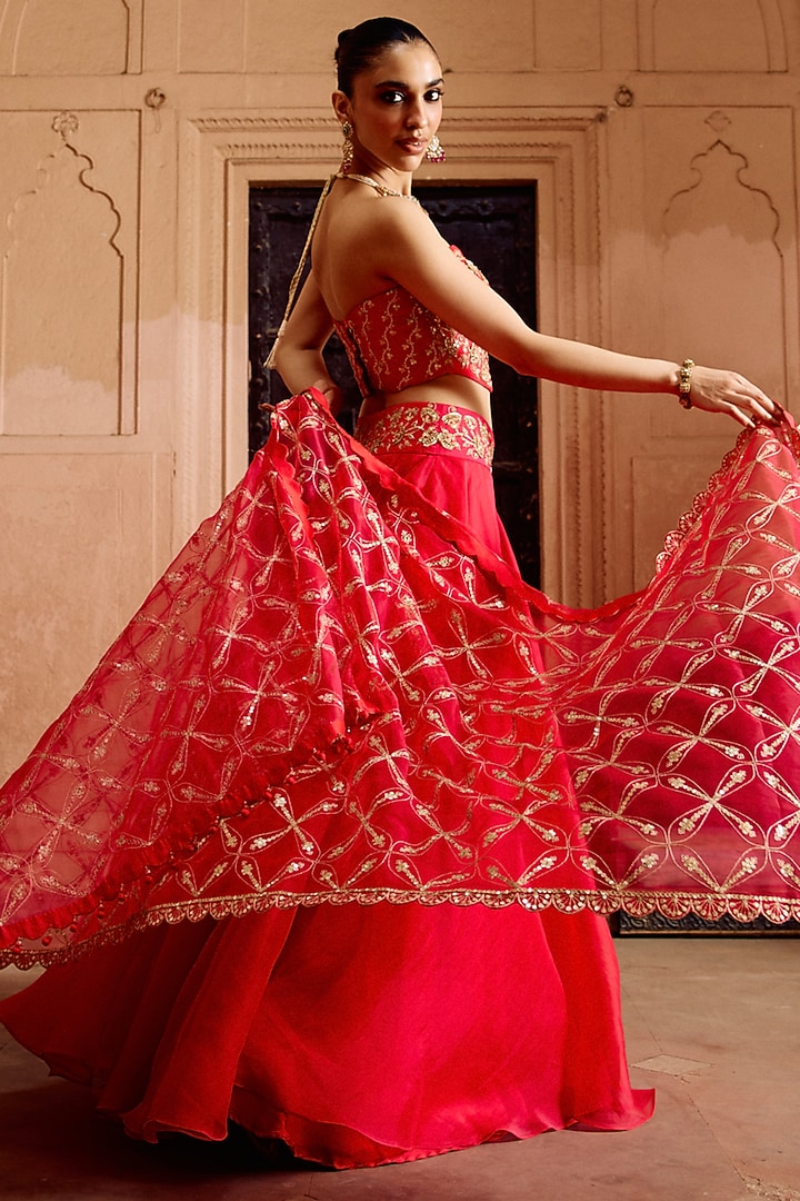 Strawberry Red Organza Skirt Set by SURBHI SHAH at Pernia's Pop Up Shop