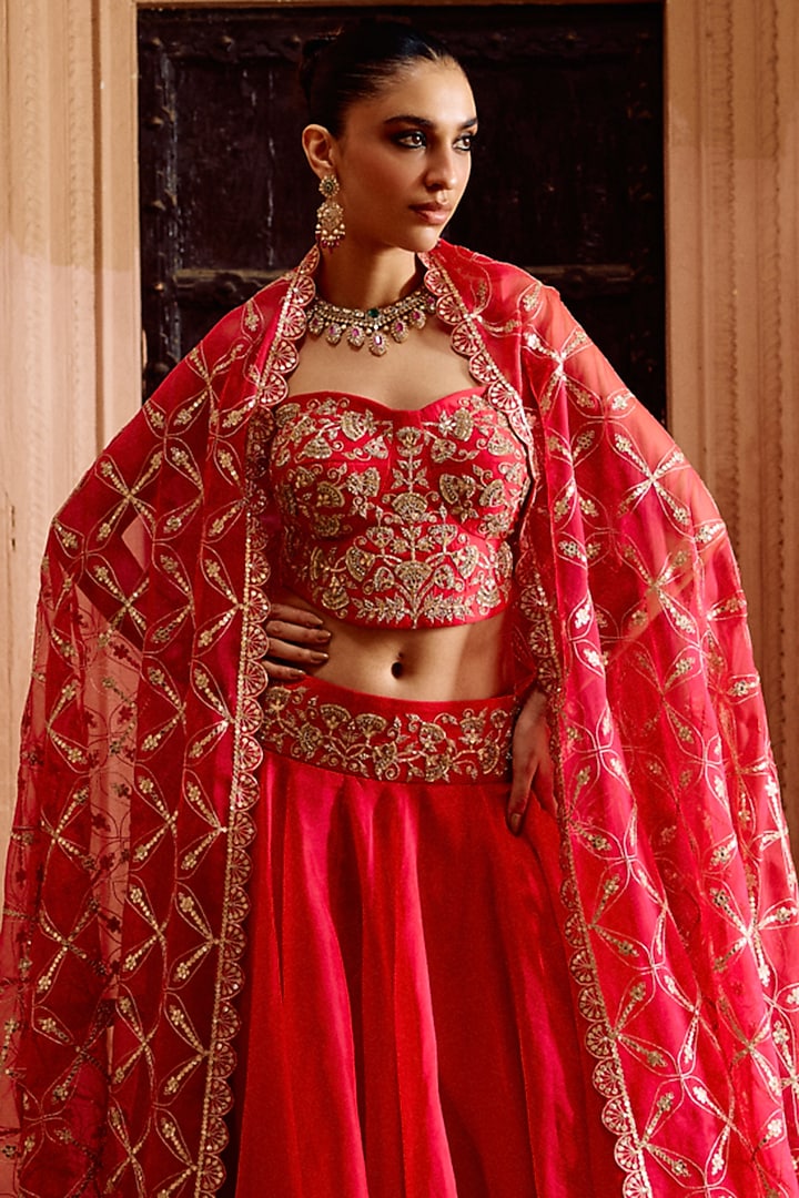 Strawberry Red Organza Skirt Set by SURBHI SHAH at Pernia's Pop Up Shop