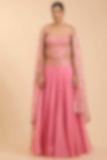Raspberry Pink Organza Aari Work Skirt Set by SURBHI SHAH at Pernia's Pop Up Shop