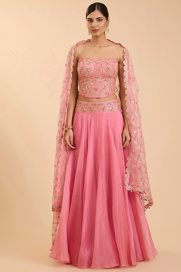Raspberry Pink Organza Aari Work Skirt Set by SURBHI SHAH at Pernia's Pop Up Shop