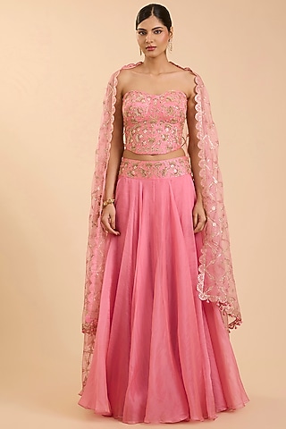 Raspberry Pink Organza Aari Work Skirt Set by SURBHI SHAH
