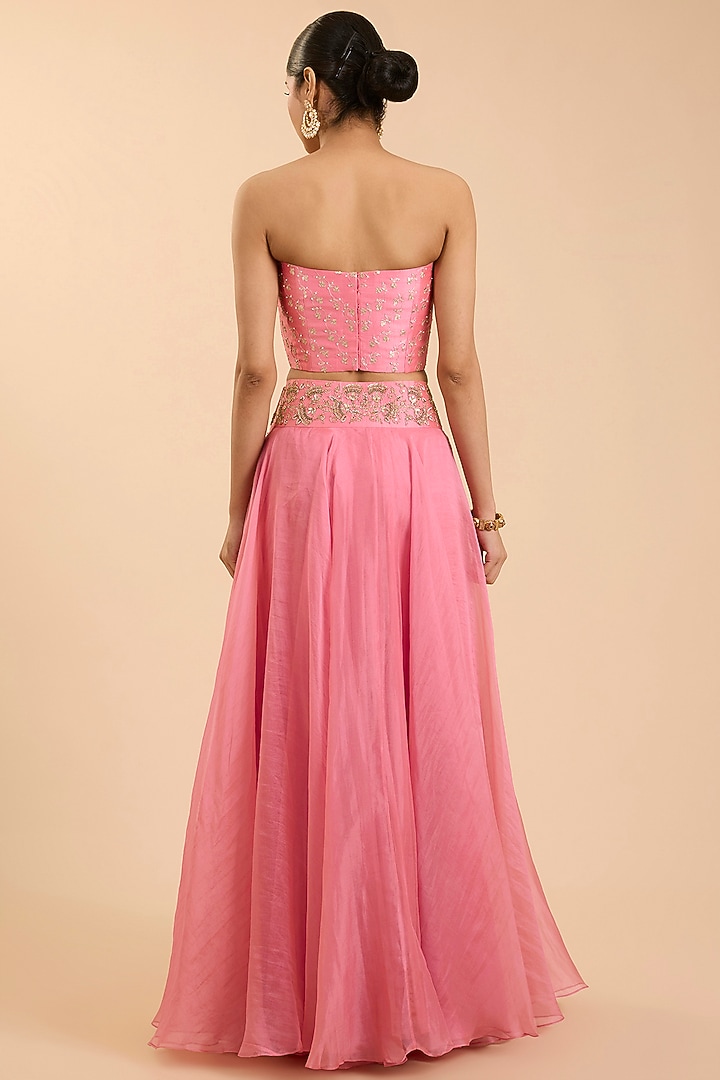 Raspberry Pink Organza Aari Work Skirt Set by SURBHI SHAH at Pernia's Pop Up Shop