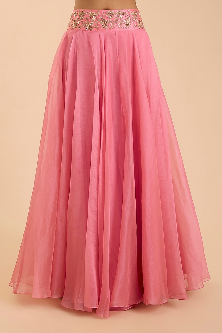 Raspberry Pink Organza Aari Work Skirt Set by SURBHI SHAH at Pernia's Pop Up Shop