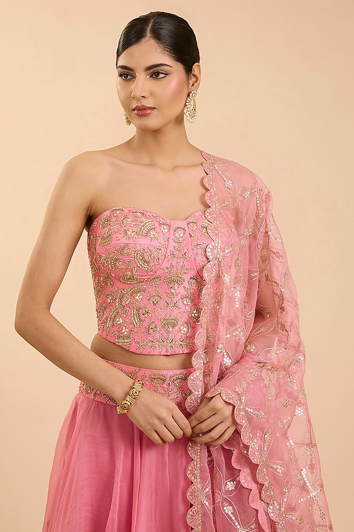 Raspberry Pink Organza Aari Work Skirt Set by SURBHI SHAH at Pernia's Pop Up Shop