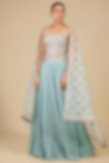 Sea Blue Spun Silk Skirt Set by SURBHI SHAH at Pernia's Pop Up Shop
