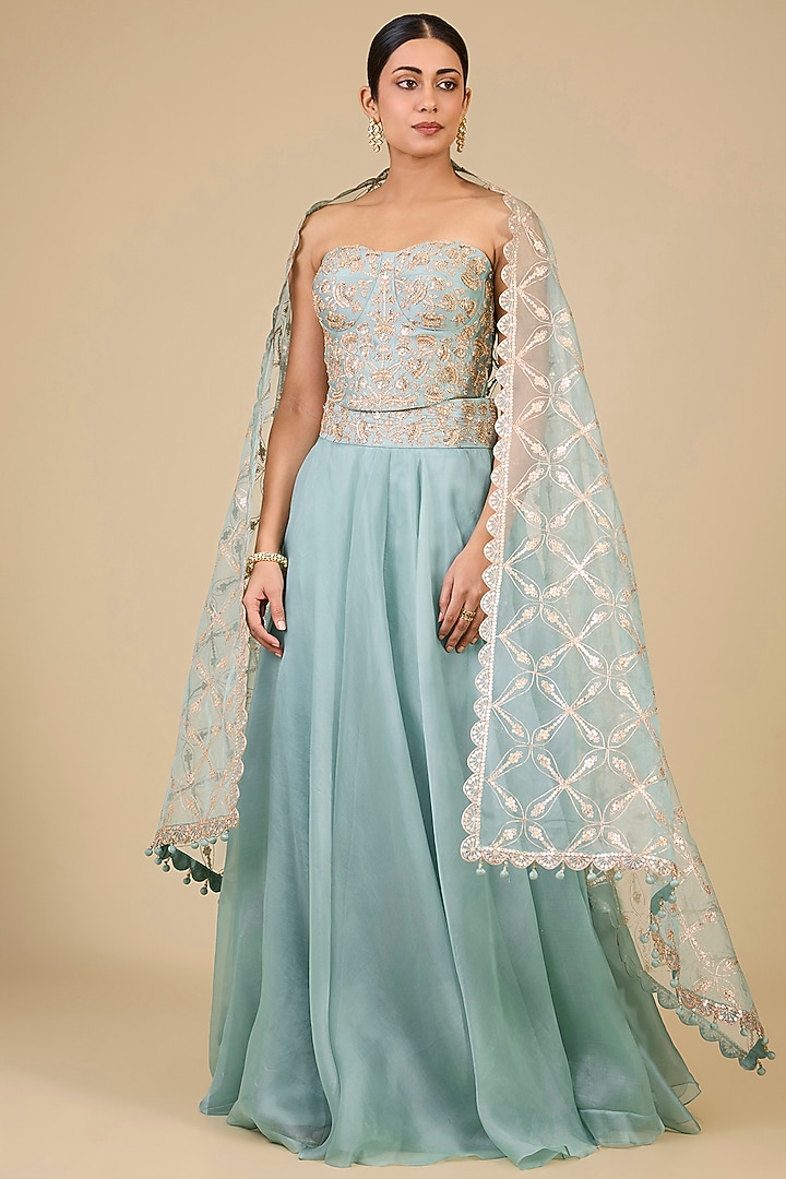 Sea Blue Spun Silk Skirt Set by SURBHI SHAH at Pernia's Pop Up Shop
