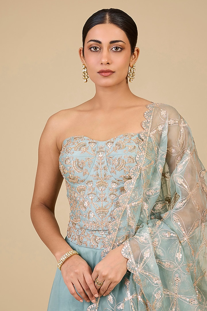 Sea Blue Spun Silk Skirt Set by SURBHI SHAH at Pernia's Pop Up Shop
