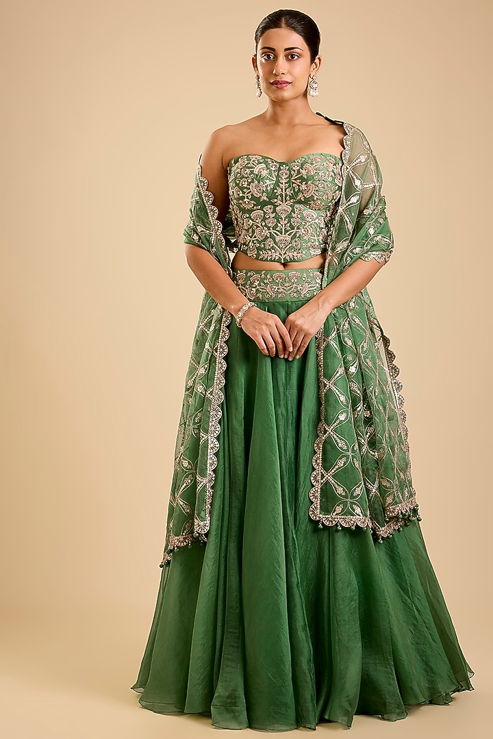 Sage Green Organza Aari Embroidered Skirt Set by SURBHI SHAH at Pernia's Pop Up Shop