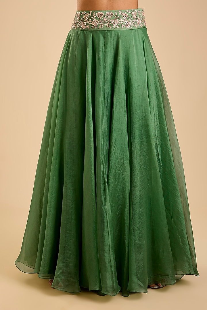 Sage Green Organza Aari Embroidered Skirt Set by SURBHI SHAH at Pernia's Pop Up Shop