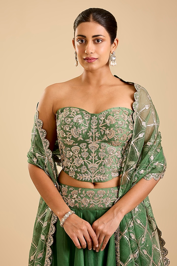 Sage Green Organza Aari Embroidered Skirt Set by SURBHI SHAH at Pernia's Pop Up Shop