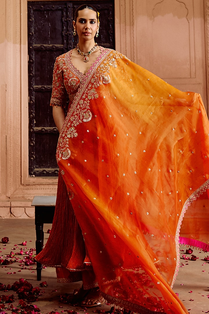 Kesari Spun Silk Mukesh Work Bridal Anarkali Set by SURBHI SHAH at Pernia's Pop Up Shop