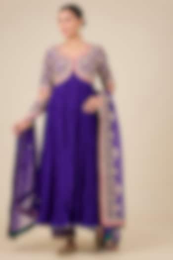 Purple Spun Silk & Pure Silk Mukaish Work Bridal Anarkali Set by SURBHI SHAH at Pernia's Pop Up Shop