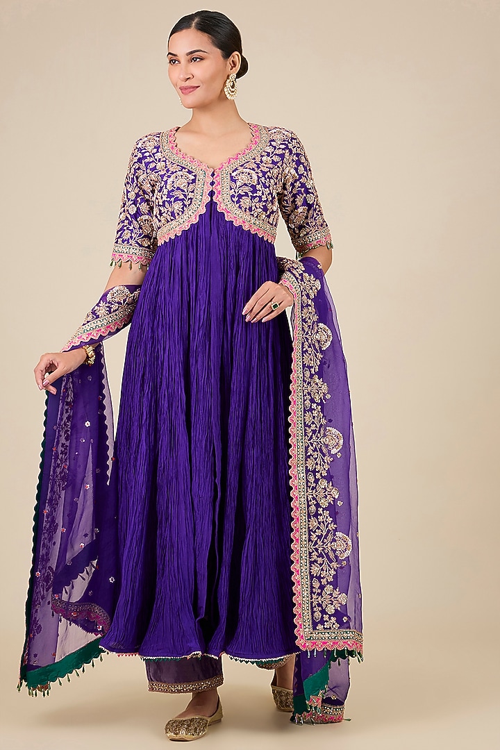 Purple Spun Silk & Pure Silk Mukaish Work Bridal Anarkali Set by SURBHI SHAH at Pernia's Pop Up Shop