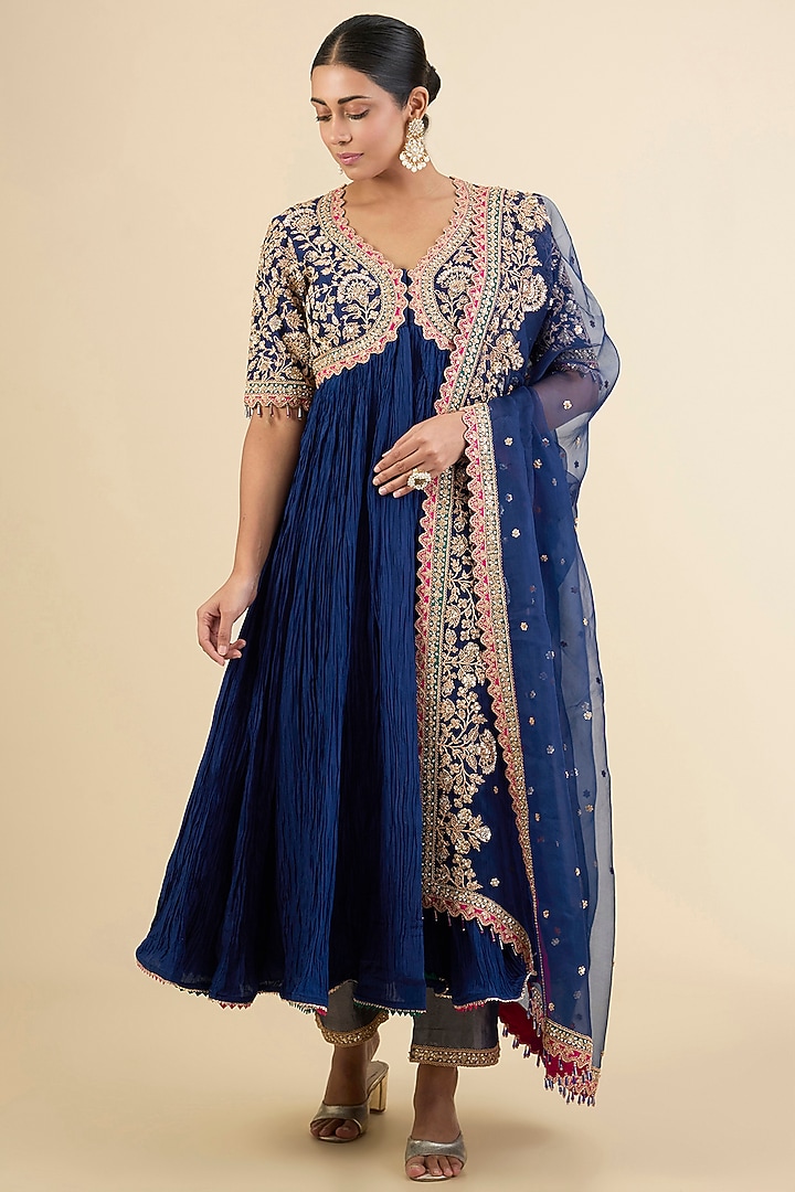 Navy Blue Spun Silk Marori & Sequins Bridal Anarkali Set by Surbhi Shah at Pernia's Pop Up Shop