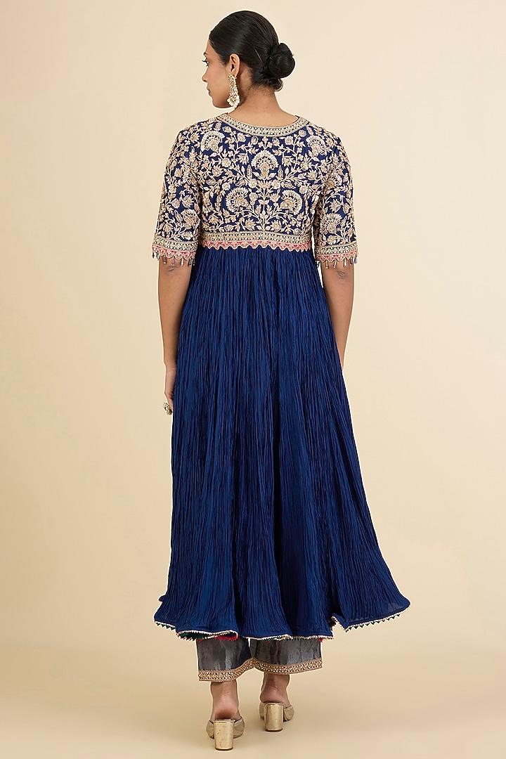 Navy Blue Spun Silk Marori & Sequins Bridal Anarkali Set by Surbhi Shah at Pernia's Pop Up Shop