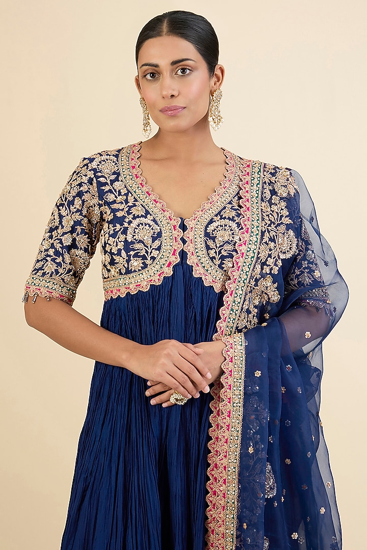 Navy Blue Spun Silk Marori & Sequins Bridal Anarkali Set by Surbhi Shah at Pernia's Pop Up Shop