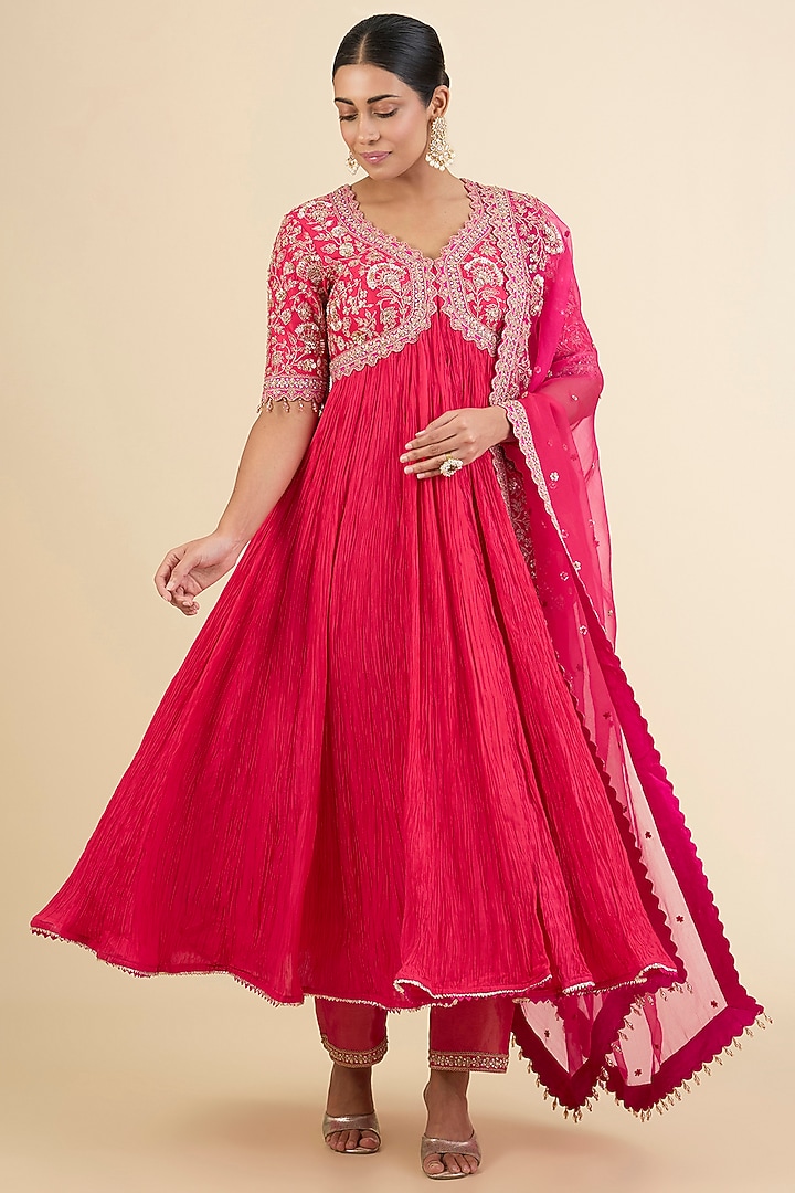 Strawberry Red Spun Silk Embroidered Bridal Anarkali Set by Surbhi Shah at Pernia's Pop Up Shop