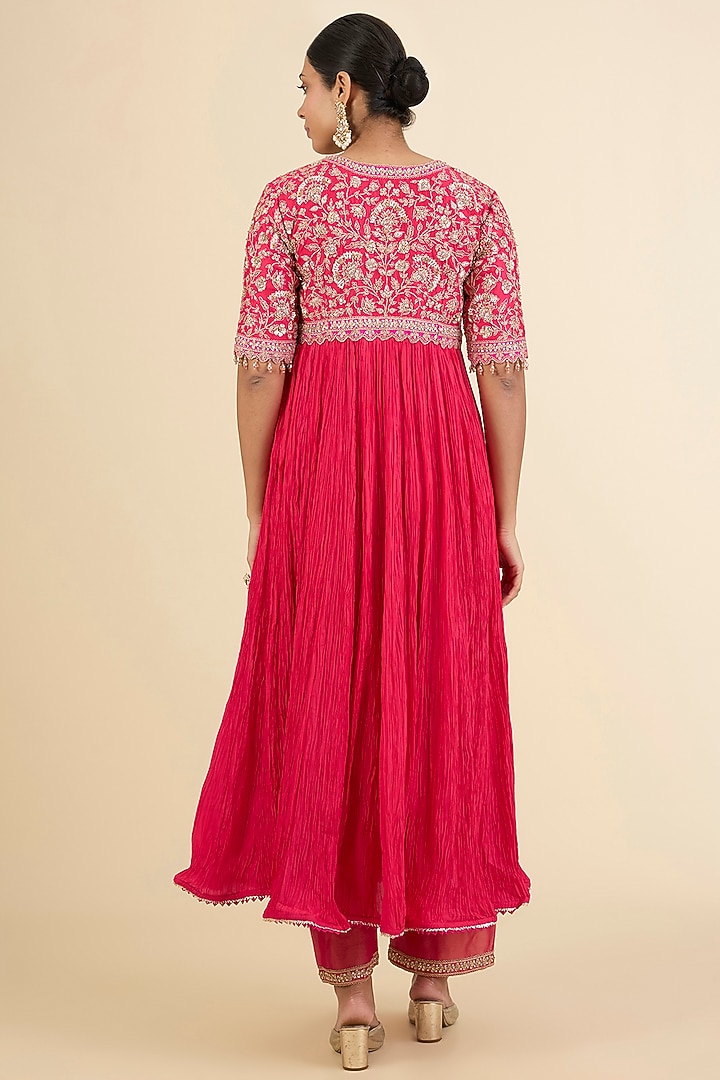 Strawberry Red Spun Silk Embroidered Bridal Anarkali Set by Surbhi Shah at Pernia's Pop Up Shop