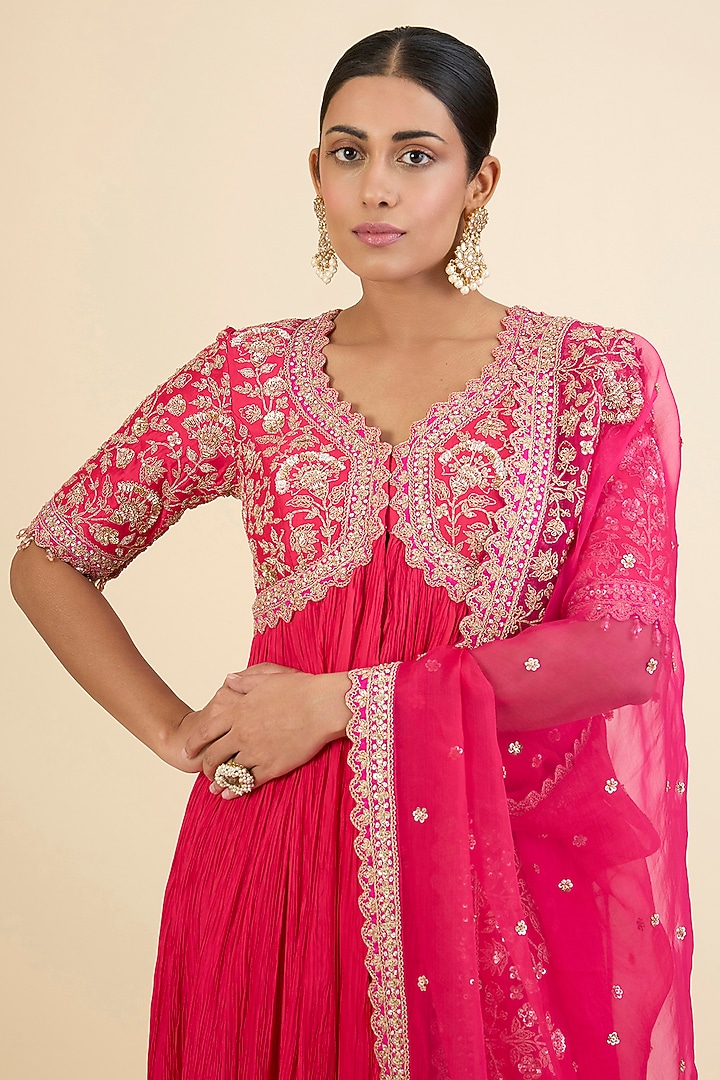 Strawberry Red Spun Silk Embroidered Bridal Anarkali Set by Surbhi Shah at Pernia's Pop Up Shop