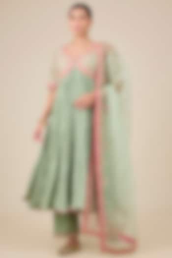 Mint Green Spun Silk & Pure Silk Mukaish Work Bridal Anarkali Set by SURBHI SHAH at Pernia's Pop Up Shop