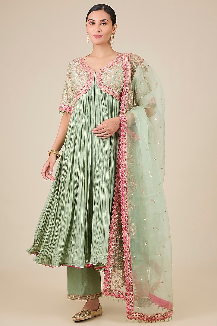 Mint Green Spun Silk & Pure Silk Mukaish Work Bridal Anarkali Set by SURBHI SHAH at Pernia's Pop Up Shop