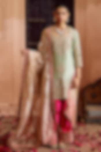 Pistachio Green Spun Silk Mukesh Work Kurta Set by SURBHI SHAH at Pernia's Pop Up Shop