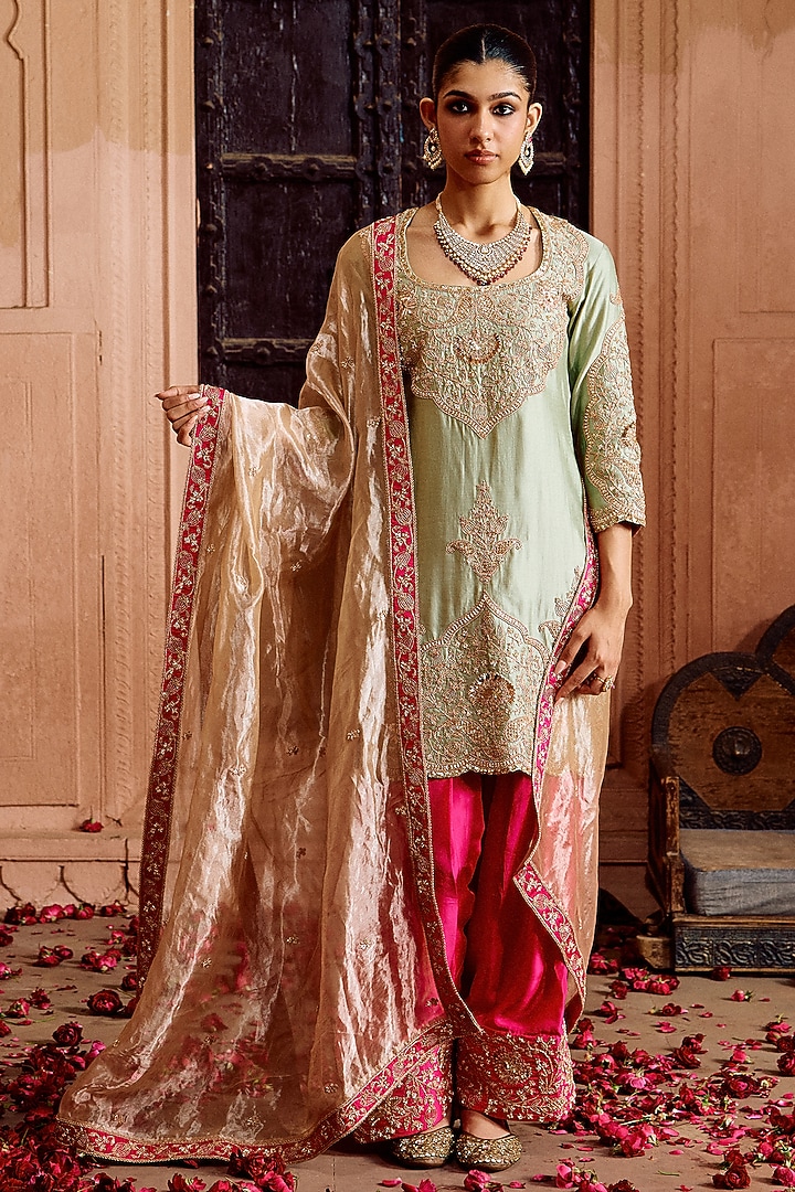 Pistachio Green Spun Silk Mukesh Work Kurta Set by SURBHI SHAH at Pernia's Pop Up Shop
