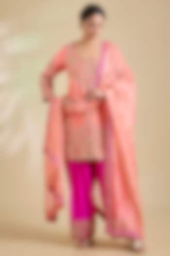 Coral Peach Spun Silk Marori Embroidered Kurta Set by SURBHI SHAH at Pernia's Pop Up Shop