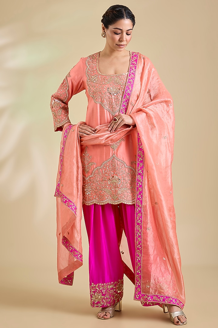 Coral Peach Spun Silk Marori Embroidered Kurta Set by SURBHI SHAH at Pernia's Pop Up Shop