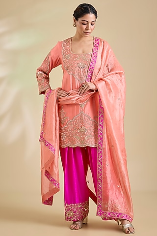 Coral Peach Spun Silk Marori Embroidered Kurta Set by SURBHI SHAH