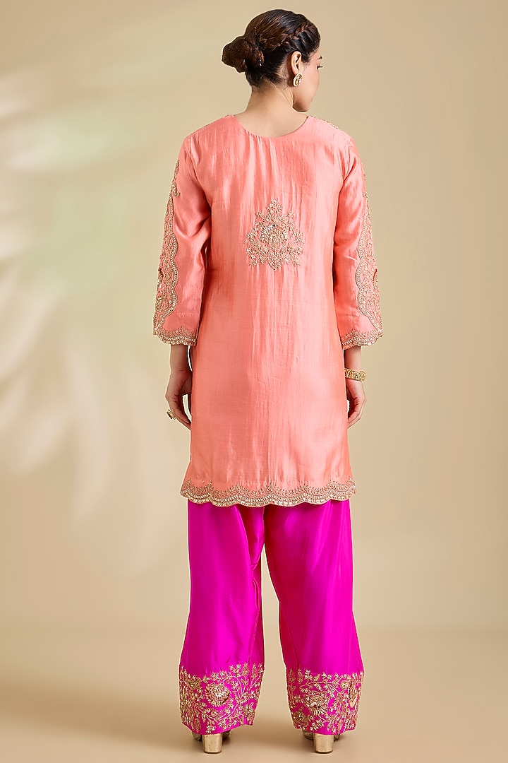 Coral Peach Spun Silk Marori Embroidered Kurta Set by SURBHI SHAH at Pernia's Pop Up Shop