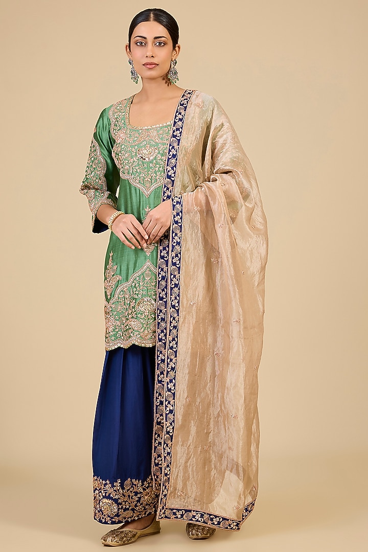 Sage Green Spun Silk Sequins Embroidered Kurta Set by SURBHI SHAH at Pernia's Pop Up Shop