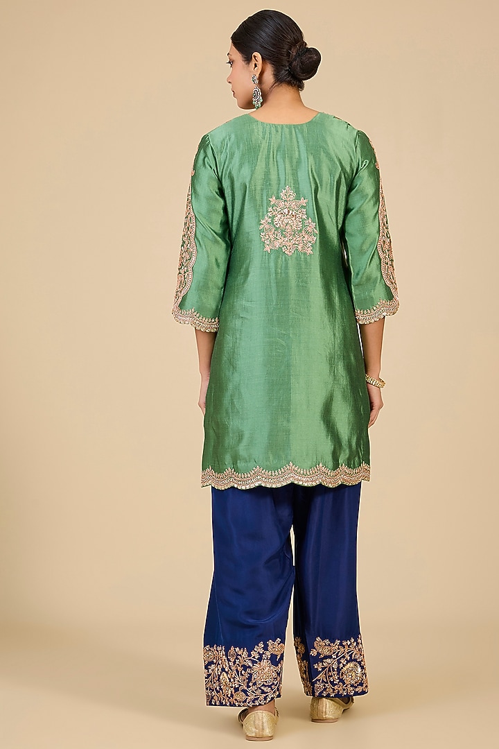 Sage Green Spun Silk Sequins Embroidered Kurta Set by SURBHI SHAH at Pernia's Pop Up Shop