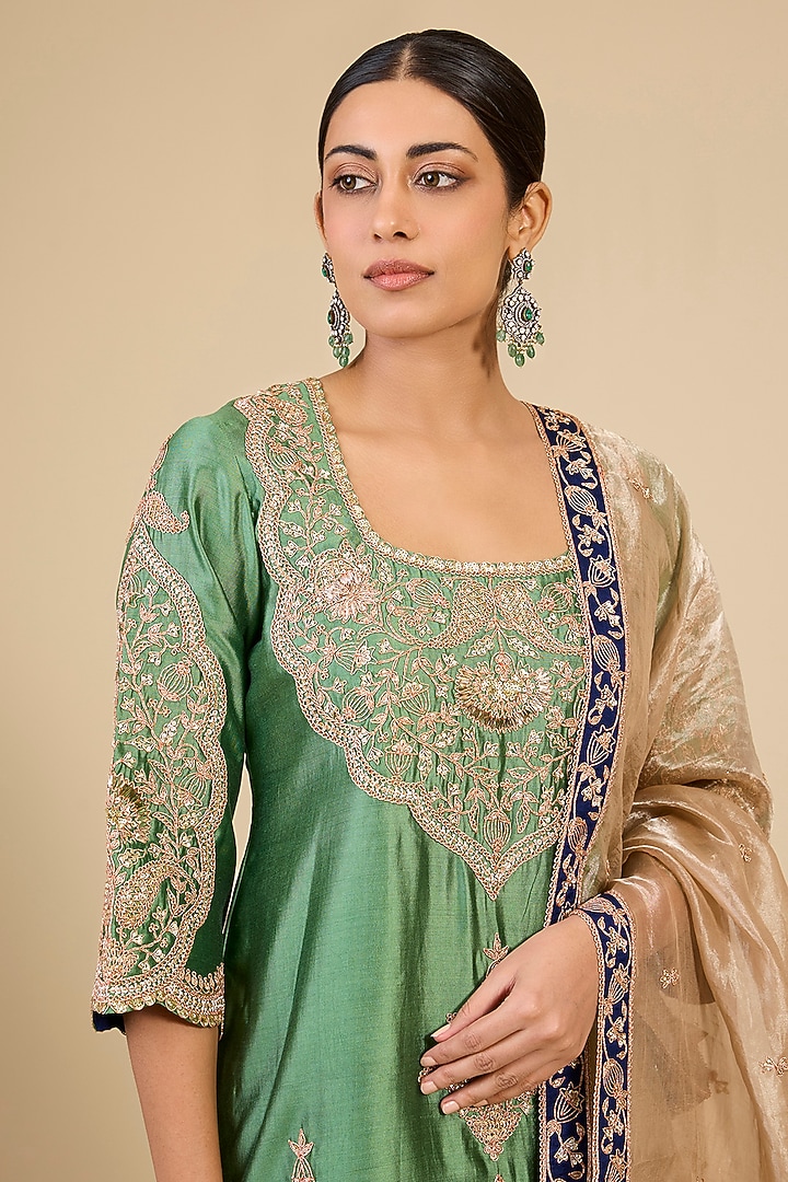 Sage Green Spun Silk Sequins Embroidered Kurta Set by SURBHI SHAH at Pernia's Pop Up Shop