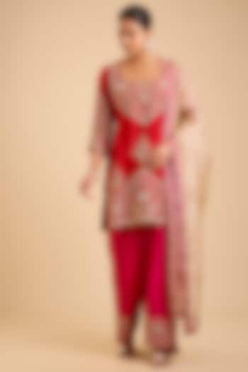 Red Spun Silk Marori Work Kurta Set by SURBHI SHAH at Pernia's Pop Up Shop