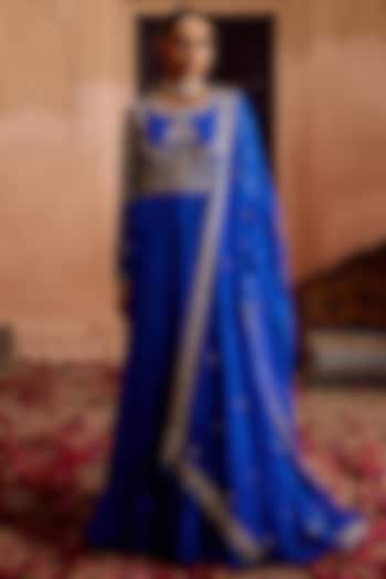 Blue Pure Silk Zardosi Work Wedding Anarkali Set by SURBHI SHAH at Pernia's Pop Up Shop