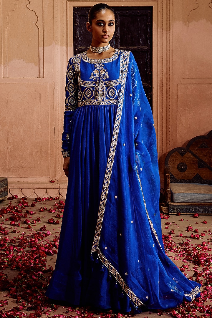 Blue Pure Silk Zardosi Work Wedding Anarkali Set by SURBHI SHAH at Pernia's Pop Up Shop