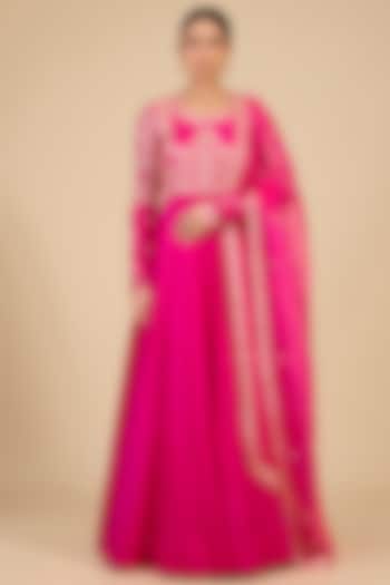 Rani Pink Pure Silk Zardosi Embroidered Wedding Anarkali Set by SURBHI SHAH at Pernia's Pop Up Shop
