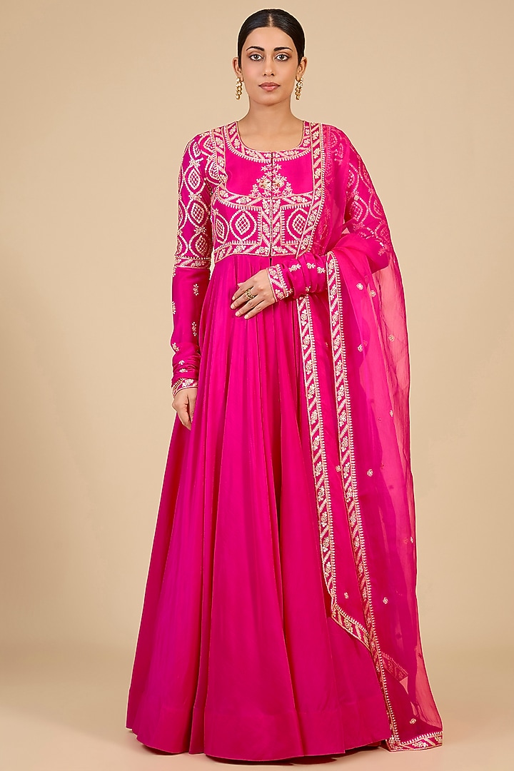 Rani Pink Pure Silk Zardosi Embroidered Wedding Anarkali Set by SURBHI SHAH at Pernia's Pop Up Shop