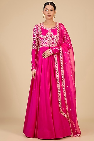Rani Pink Pure Silk Zardosi Embroidered Anarkali Set by SURBHI SHAH