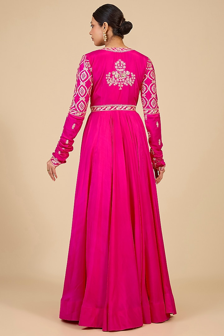 Rani Pink Pure Silk Zardosi Embroidered Wedding Anarkali Set by SURBHI SHAH at Pernia's Pop Up Shop