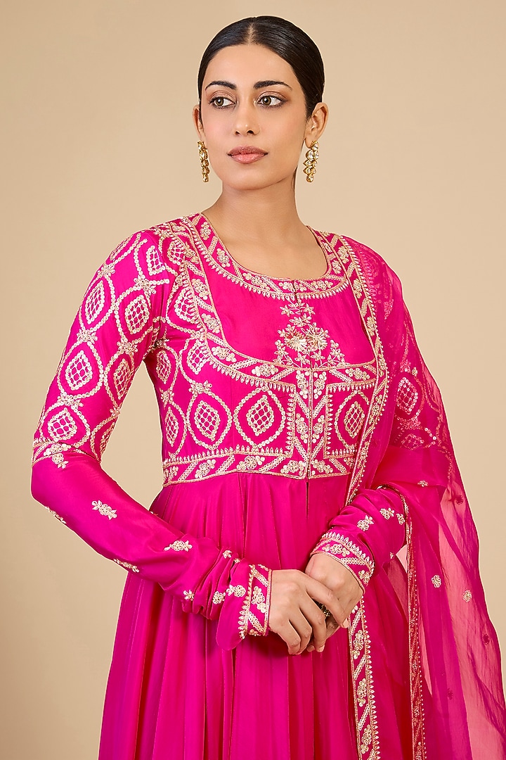 Rani Pink Pure Silk Zardosi Embroidered Wedding Anarkali Set by SURBHI SHAH at Pernia's Pop Up Shop